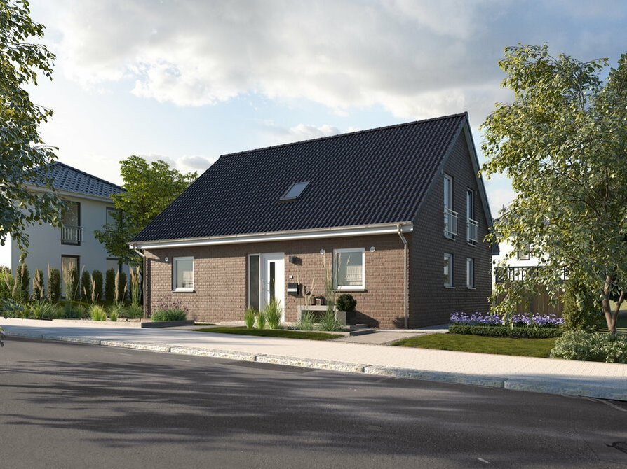 Das Mitwachshaus Flair 148 in der Klinker 2 Variante beeindruckt mit einem modernen Eingangsbereich, der von der Straße aus einladend und zeitgemäß wirkt. Sein attraktives Erscheinungsbild macht es zu einem Blickfang in der Nachbarschaft.